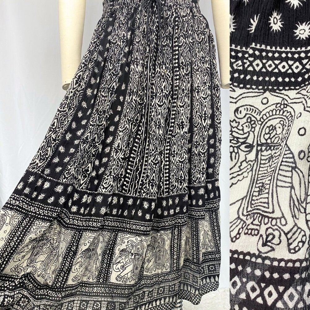 Vintage Access witchy gauzy crinkle black and white flowy broomstick midi skirt